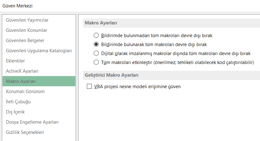 Makroları Etkinleştirme