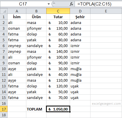 ALTTOPLAM - Excel Gezegeni ALTTOPLAM