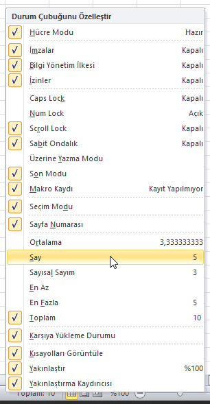 Durum Çubuğu - Excel Gezegeni Durum Çubuğu