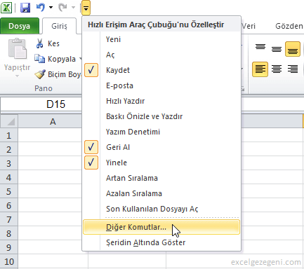 Hızlı Erişim Araç Çubuğu - Excel Gezegeni Hızlı Erişim Araç Çubuğu