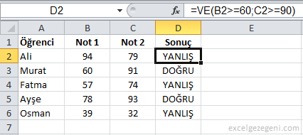 Mantıksal Fonksiyonlar - Excel Gezegeni Mantıksal Fonksiyonlar