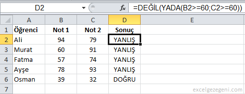 Mantıksal Fonksiyonlar - Excel Gezegeni Mantıksal Fonksiyonlar