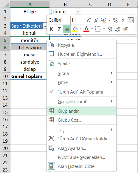 Pivot Tabloda Gruplandırma