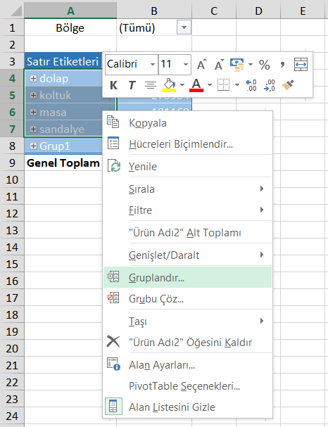 Pivot Tabloda Gruplandırma