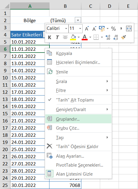 Pivot Tabloda Gruplandırma