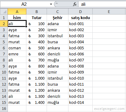 Sıralama - Excel Gezegeni Sıralama