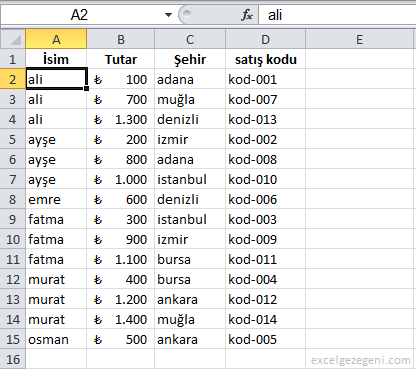 Sıralama - Excel Gezegeni Sıralama