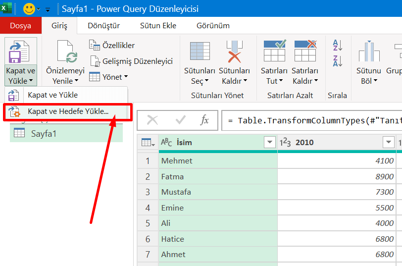Veri Ekleme - Excel Gezegeni hedefe yükle